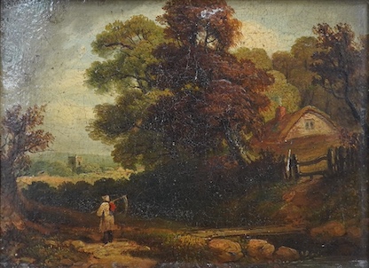 After John Constable RA (1776-1837), oil on board, Pastoral landscape with harvester, 14 x 19.5cm, gilt framed. Condition - fair